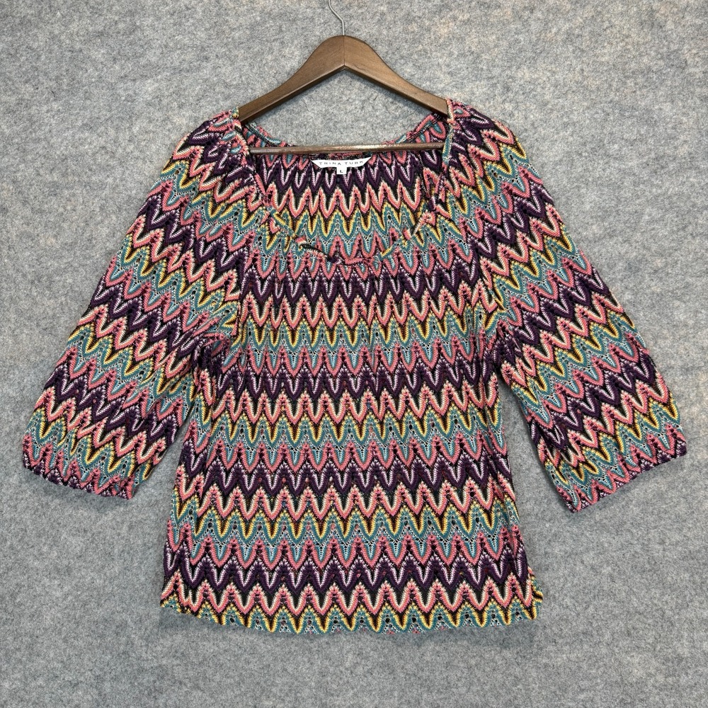 Trina Turk Chevron Open Knit Sweater Top Womens Large Colorful Crochet 3/4 Sheer